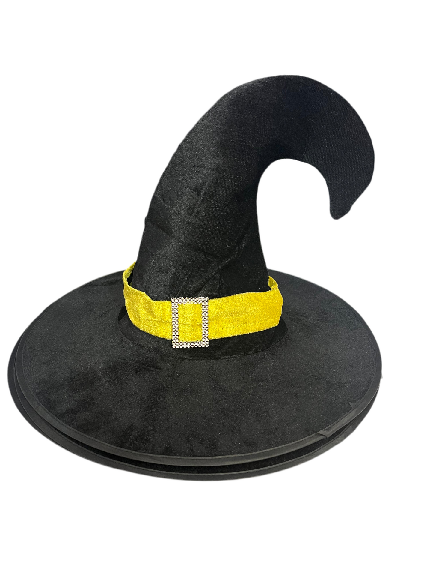Black Velvet Witch Hat with Curved Tip and Buckle