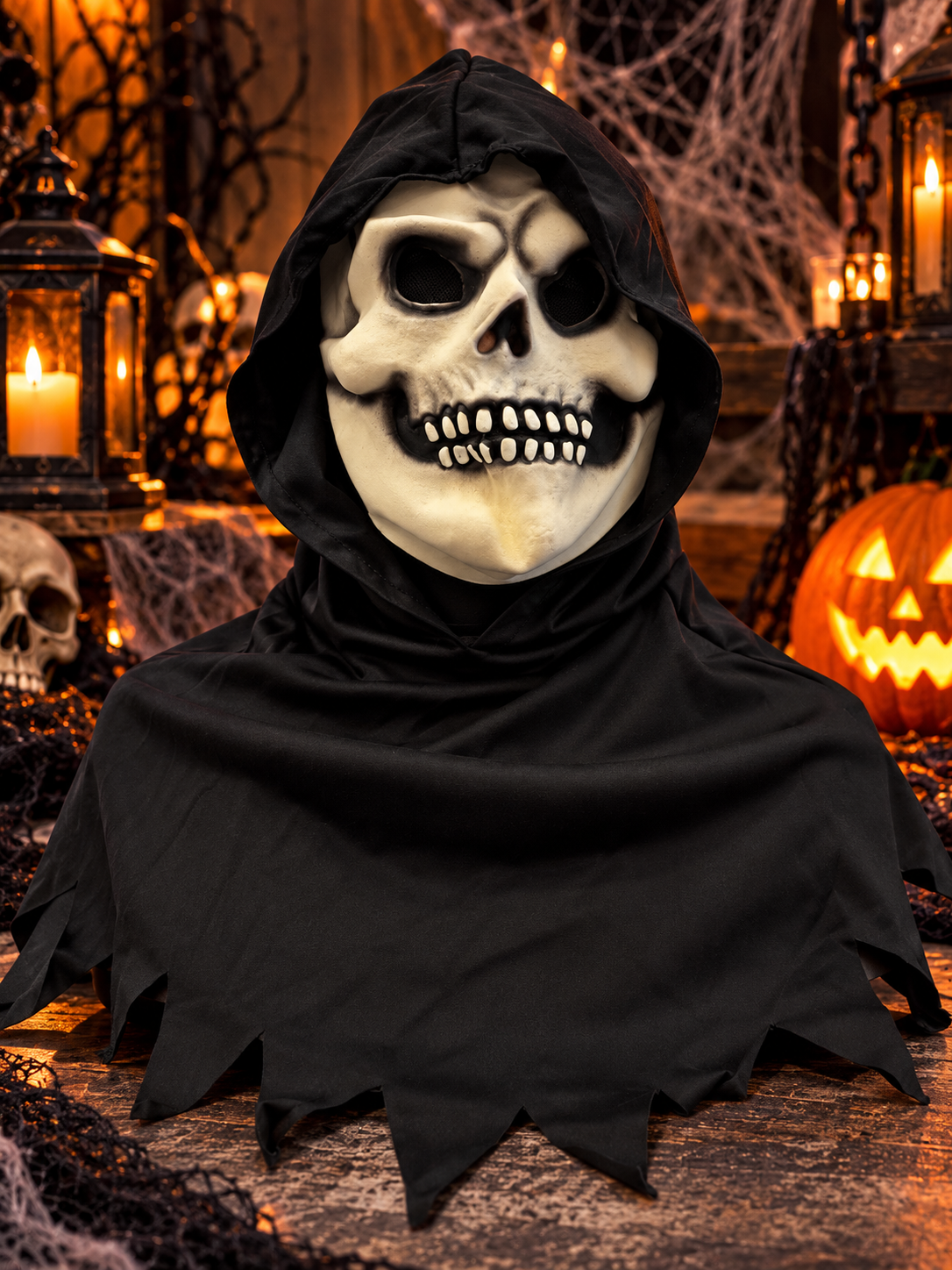 Glow-in-the-Dark Grim Reaper Costume with Latex Mask and Scythe