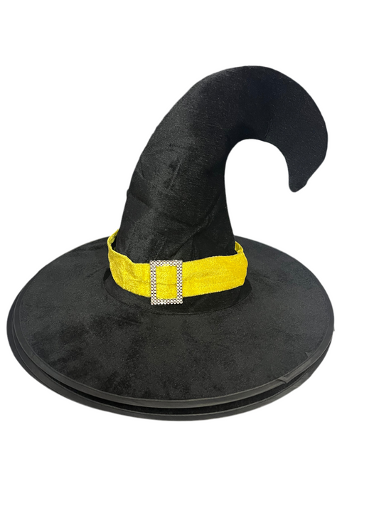 Black Velvet Witch Hat with Curved Tip and Buckle