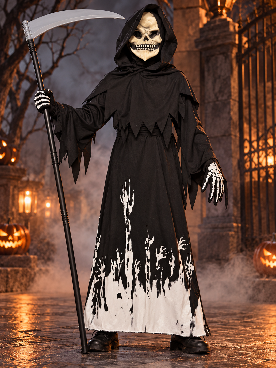 Glow-in-the-Dark Grim Reaper Costume with Latex Mask and Scythe